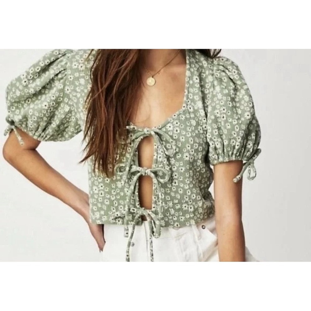 Free People Sweet Sun Crop Top Sz M‎ Green Floral Puff Sleeve Hobo Cottagecore